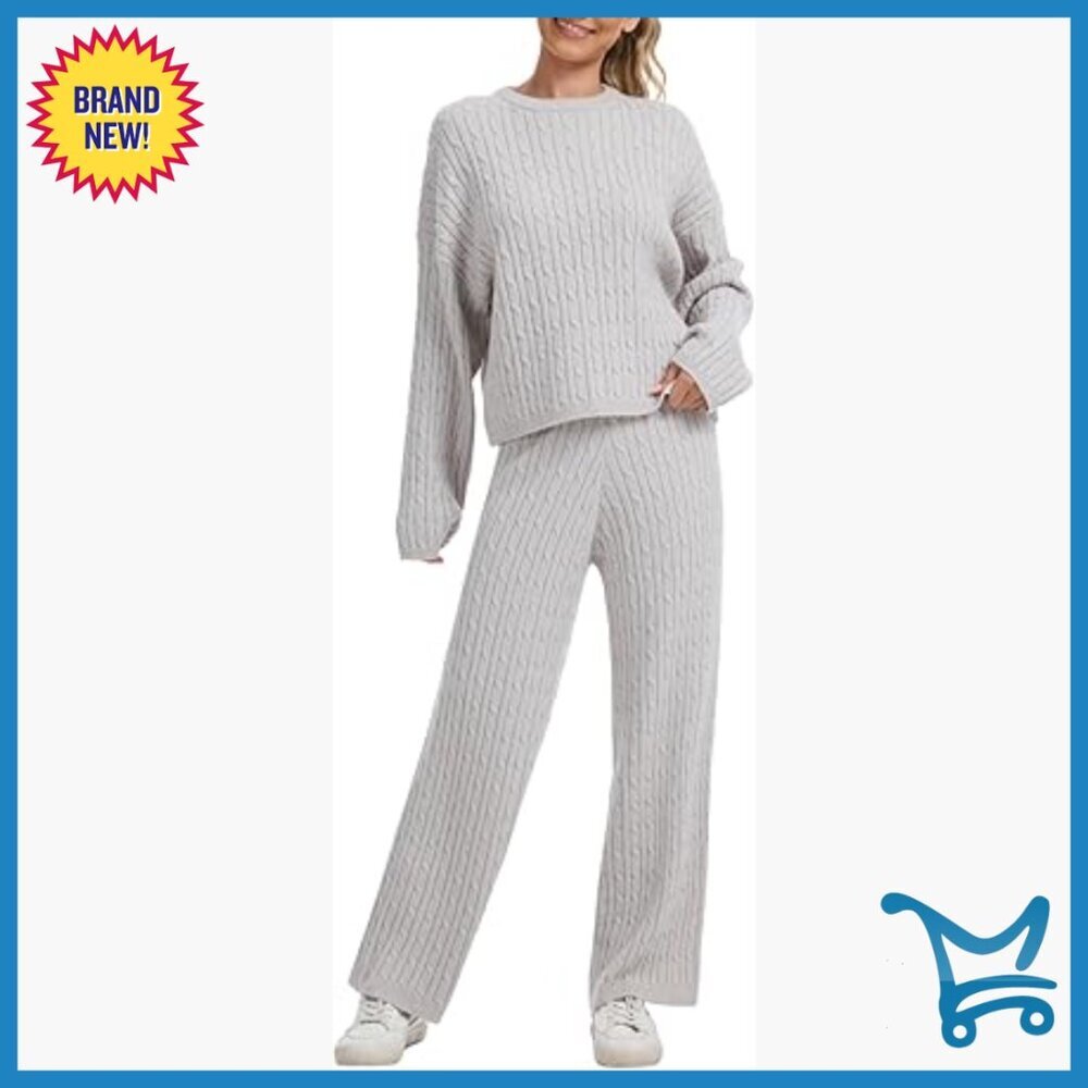 Cozy Cable Knit Lounge Set Pullover Top Wide Leg Pants Medium